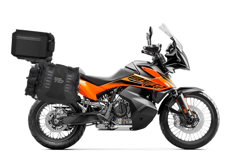 Set of SHAD TERRA TR40 adventure saddlebags and SHAD TERRA aluminium top case TR55 PURE BLACK, including mounting kit SHAD KTM 790/890 ADVENTURE
