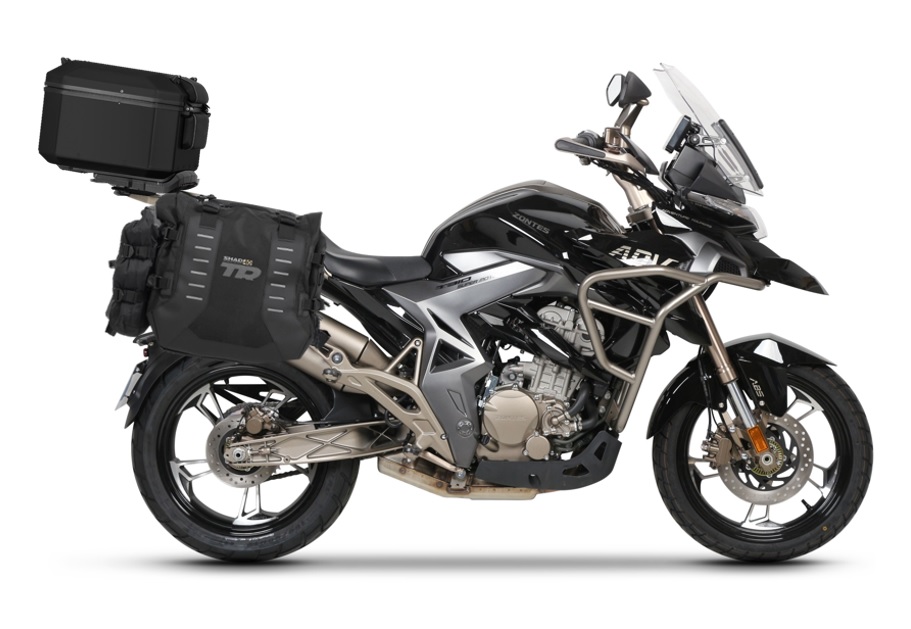 Set of SHAD TERRA TR40 adventure saddlebags and SHAD TERRA aluminium top case TR55 PURE BLACK, including mounting kit SHAD ZONTES T310 ADVENTURE/T2-310 ADVENTURE