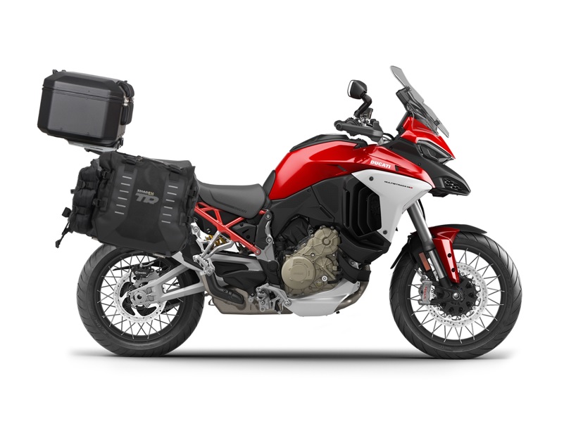 Set of SHAD TERRA TR40 adventure saddlebags and SHAD TERRA aluminium top case TR55 PURE BLACK, including mounting kit SHAD DUCATI MULTISTRADA 1200 V4