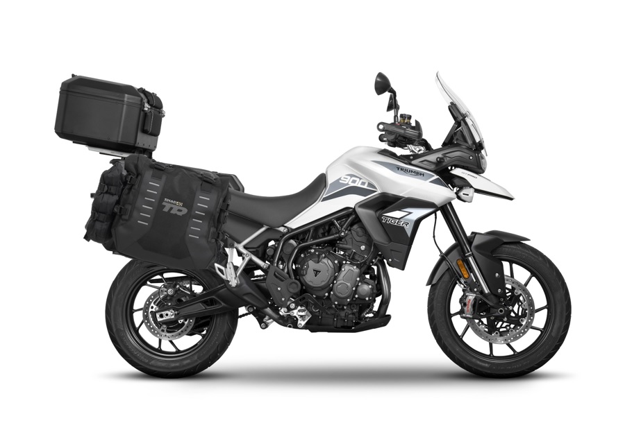 Set of SHAD TERRA TR40 adventure saddlebags and SHAD TERRA aluminium top case TR55 PURE BLACK, including mounting kit SHAD TRIUMPH TIGER 900/GT/RALLY