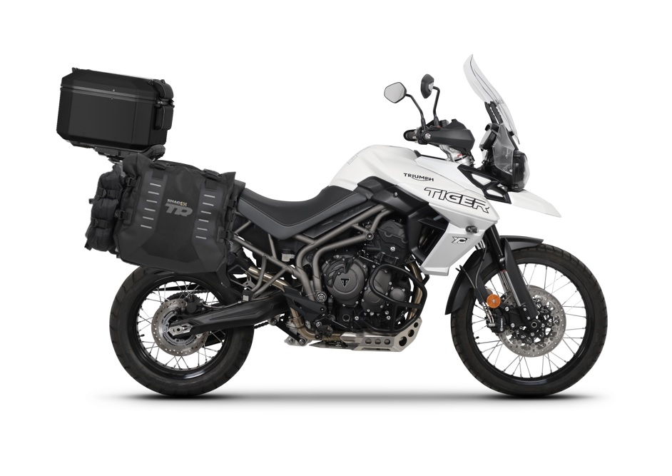 Set of SHAD TERRA TR40 adventure saddlebags and SHAD TERRA aluminium top case TR55 PURE BLACK, including mounting kit SHAD TRIUMPH TIGER 800