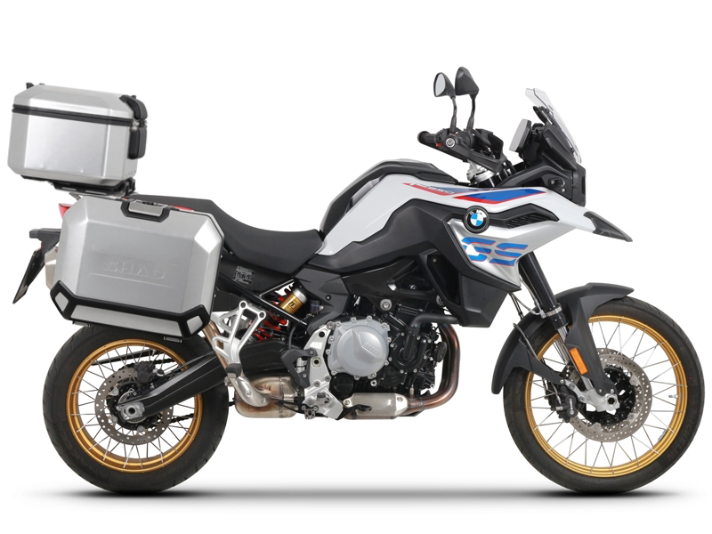 Complete set of aluminum cases SHAD TERRA, 55L topcase + 36L / 47L side cases, including mounting kit and plate SHAD BMW F750 GS / F850 GS