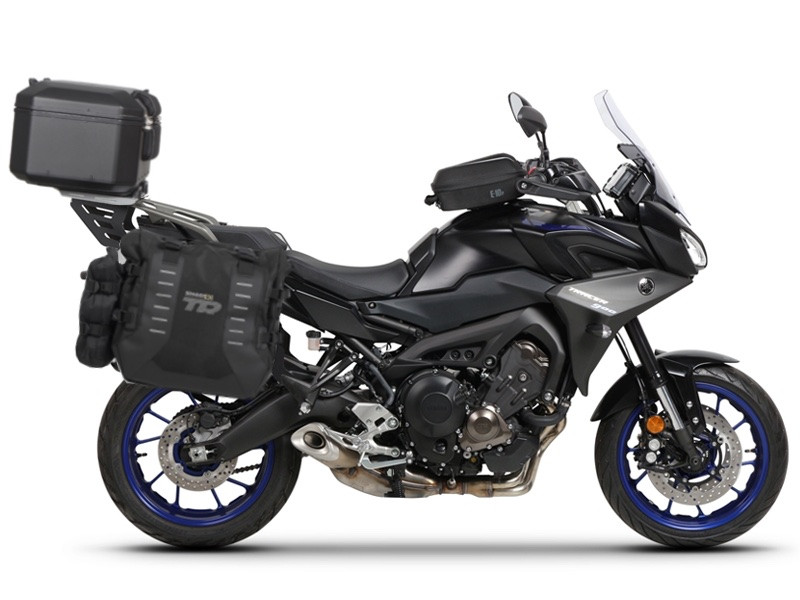 Complete set of SHAD TERRA TR40 adventure saddlebags and SHAD TERRA BLACK aluminium 48L topcase, including mounting kit SHAD YAMAHA MT-09 Tracer / Tracer 900