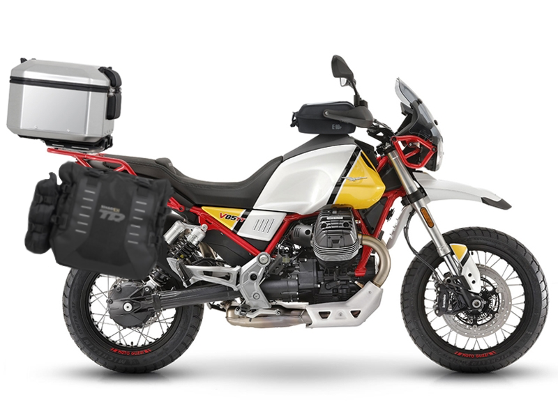 Complete set of SHAD TERRA TR40 adventure saddlebags and SHAD TERRA aluminium 55L topcase, including mounting kit SHAD MOTO GUZZI V 85 TT