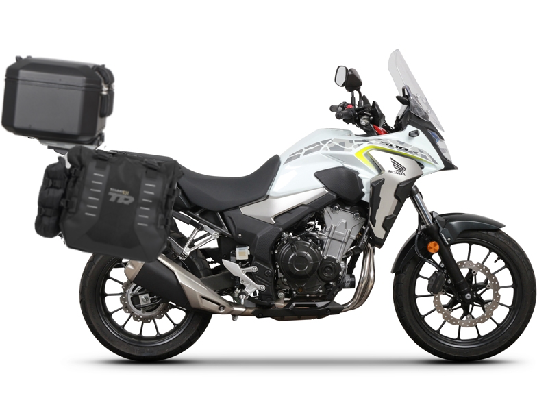 Complete set of SHAD TERRA TR40 adventure saddlebags and SHAD TERRA BLACK aluminium 55L topcase, including mounting kit SHAD HONDA CB 500 X