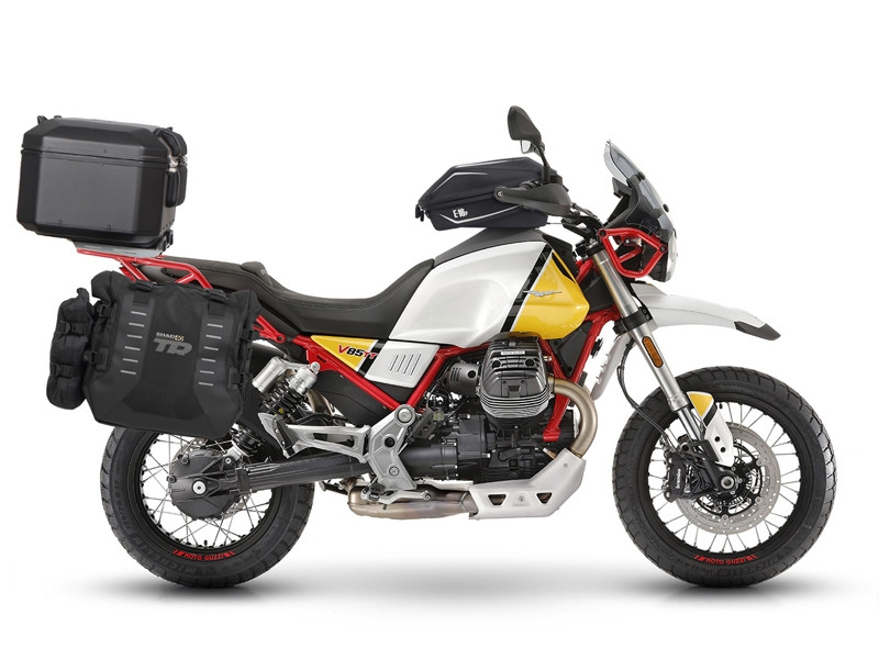 Complete set of SHAD TERRA TR40 adventure saddlebags and SHAD TERRA BLACK aluminium 37L topcase, including mounting kit SHAD MOTO GUZZI V 85 TT