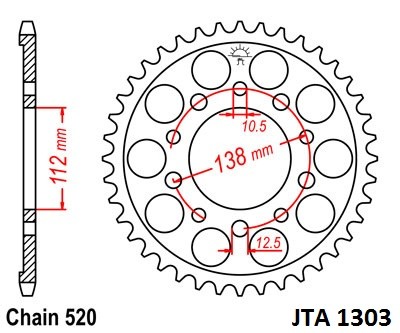 Rear ALU sprocket JT JTA 1303-44 44T, 520