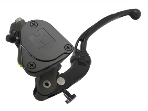 Radial clutch master cylinder ACCOSSATO PK025 16 x 16 with integrated fluid reservoir and orange folding lever (nut+lever)