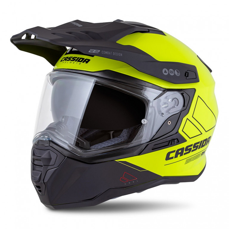 Motocross Helmet CASSIDA ROAD RUNNER DUAL yellow fluo/ black/ black matt peak XS